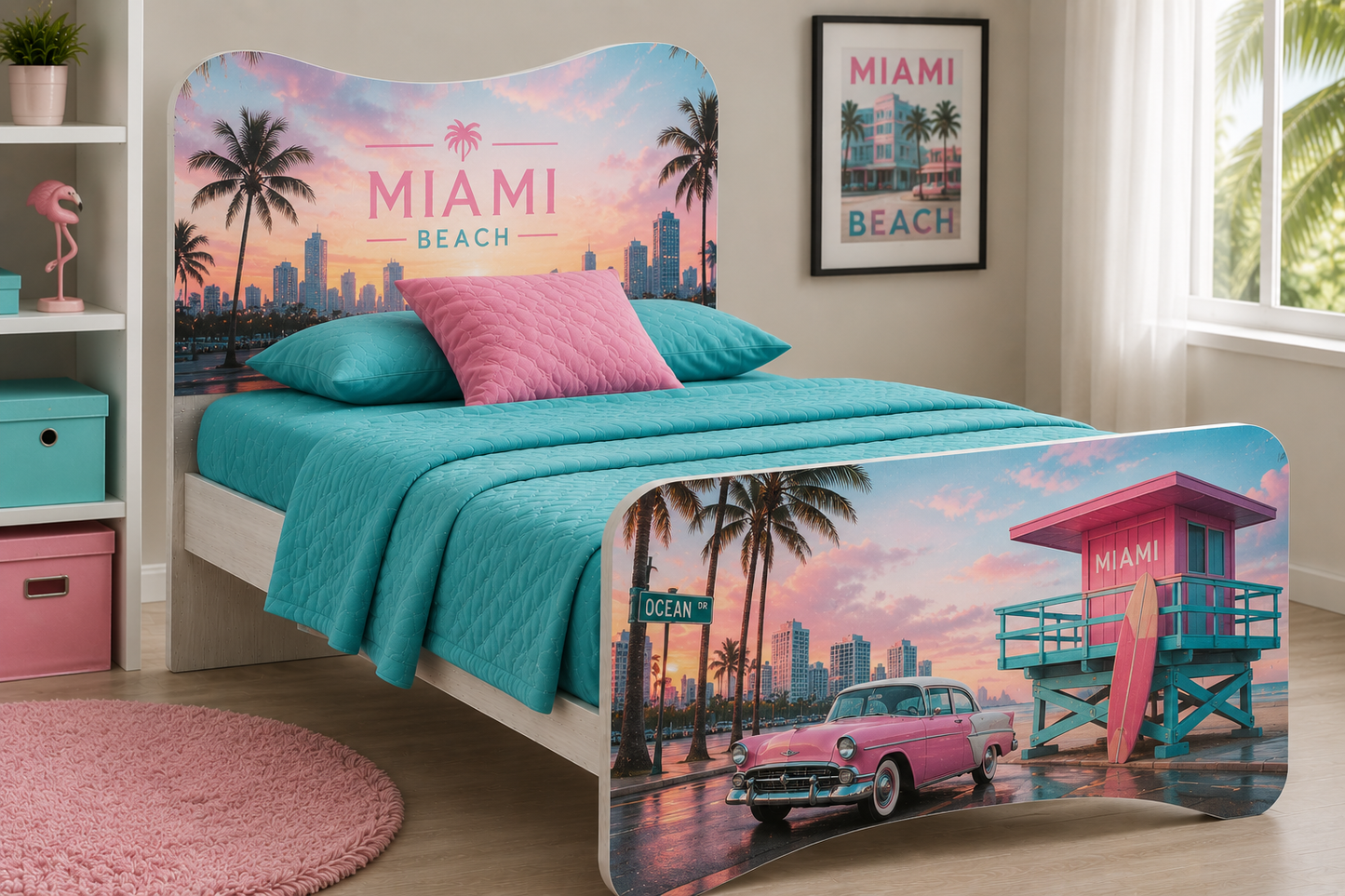 Letto Singolo Miami Beach – Letto Design Tropical Glam Rosa e Turchese Stile Ocean Drive