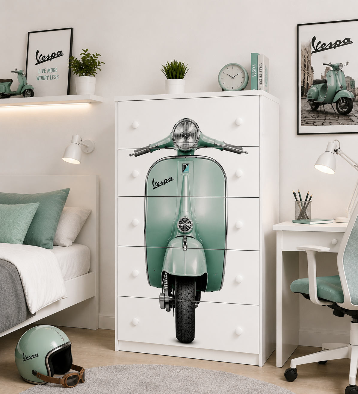 Cassettiera Vespa Vintage Mint – Mobile Cameretta Moderna Stile Scooter Italiano Premium