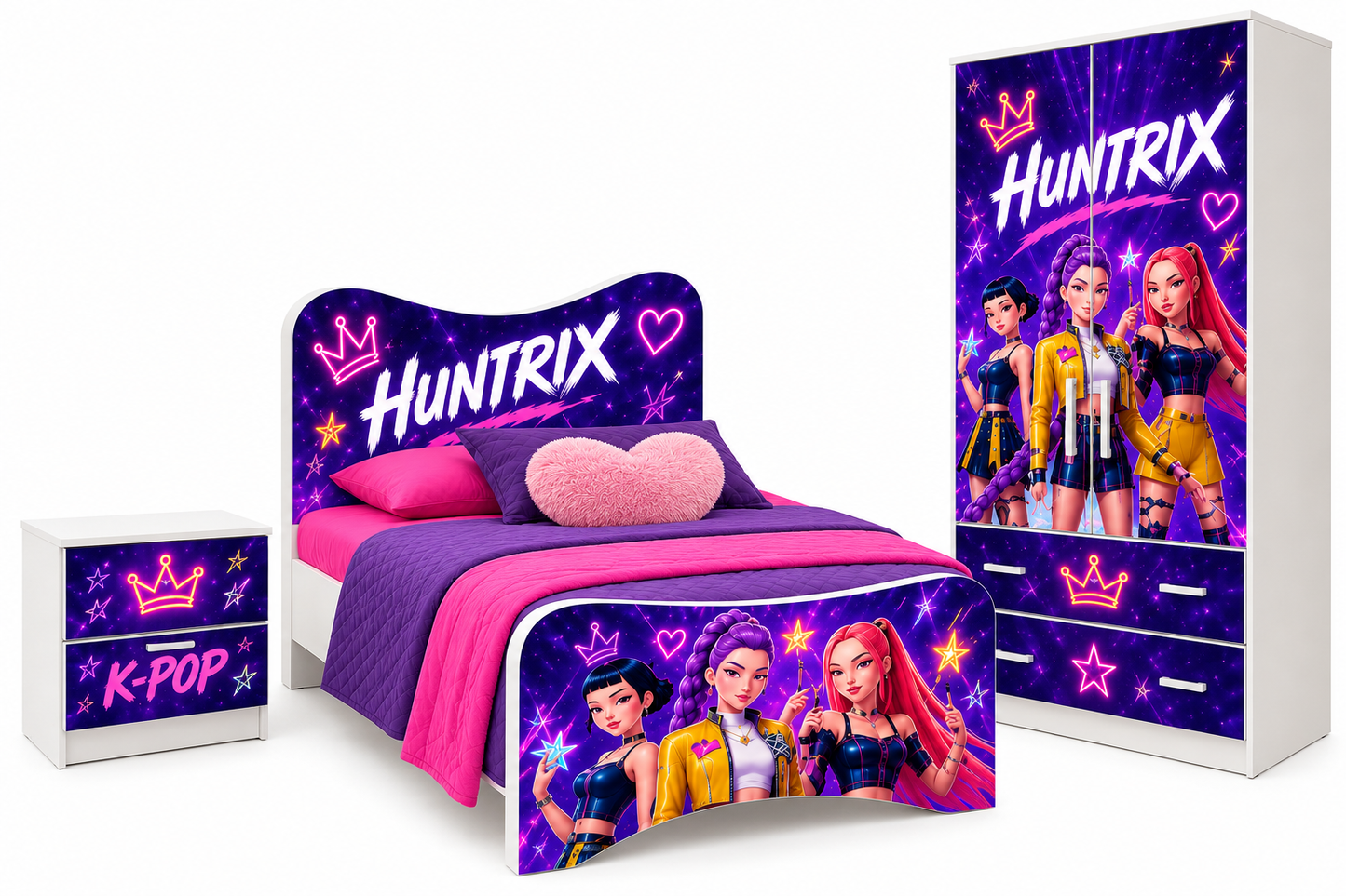 Camera Ragazza Huntrix K-Pop Galaxy – Set Letto, Comodino e Armadio 2 Ante Design Neon Premium