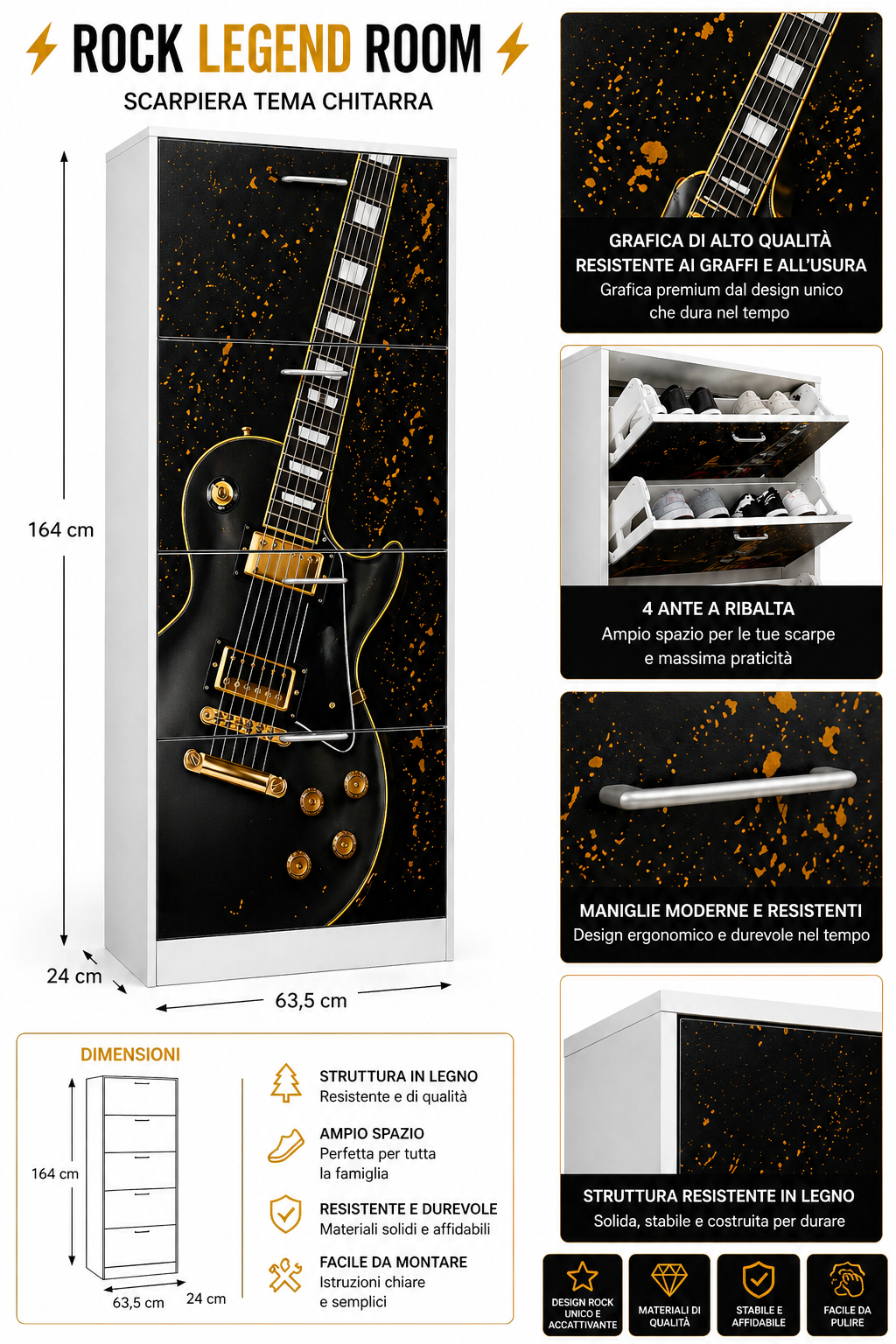 Rock Legend Room – Scarpiera Tema Chitarra Black & Gold Salvaspazio per Cameretta Ragazzi
