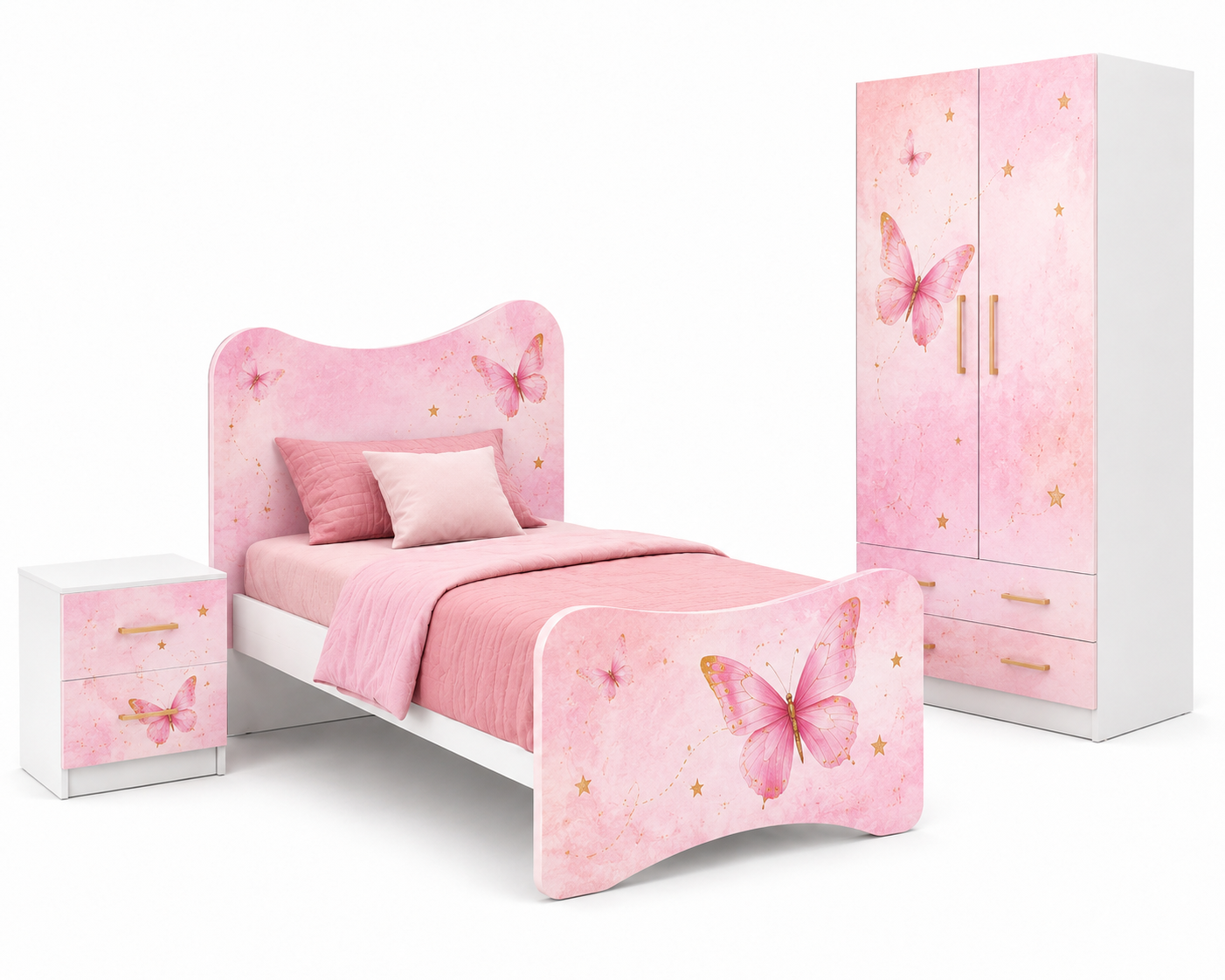 Cameretta a Ponte Dream Butterfly Bianca e Rosa con 2 Letti e Grafica Farfalle Luxury – 295x242 cm