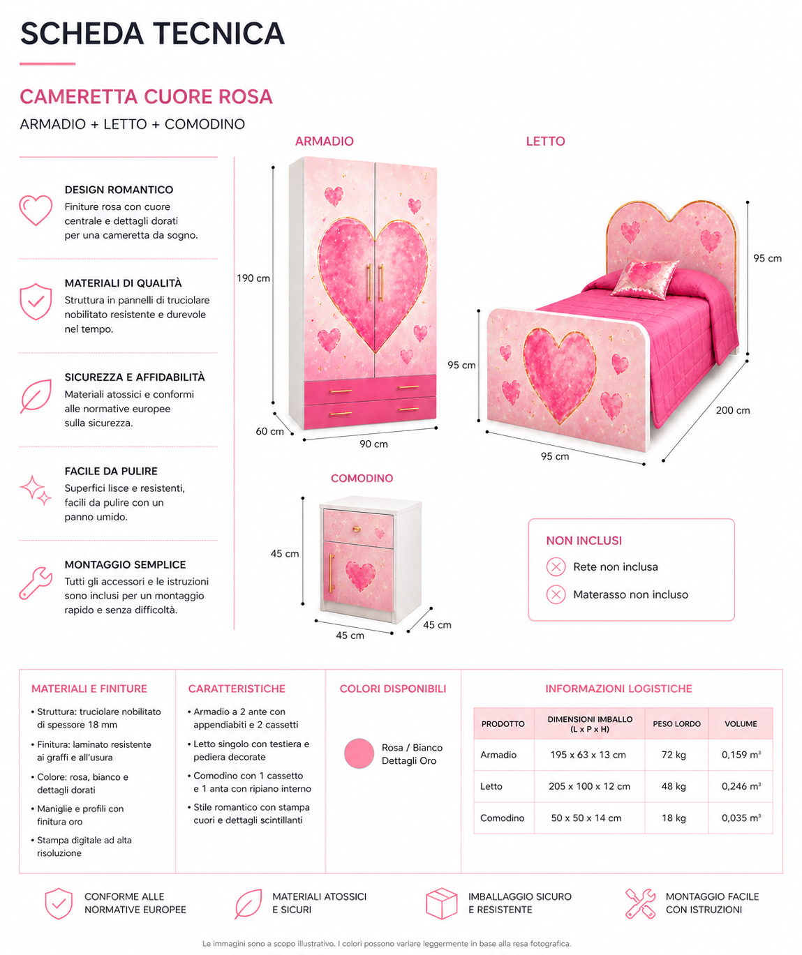 Cameretta Cuore – Cameretta Rosa Luxury con Armadio Cuore, Letto e Comodino