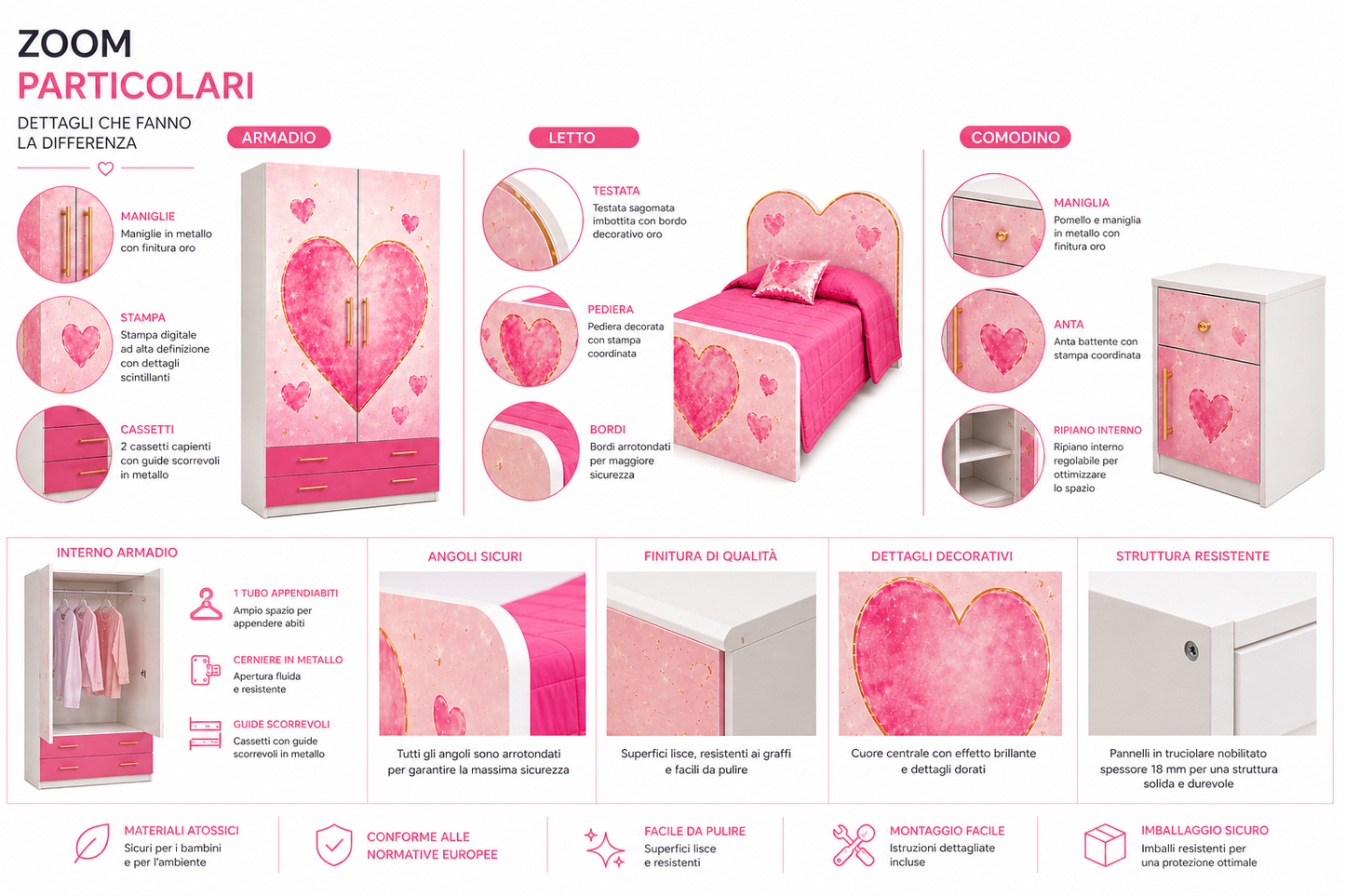 Cameretta Cuore – Cameretta Rosa Luxury con Armadio Cuore, Letto e Comodino