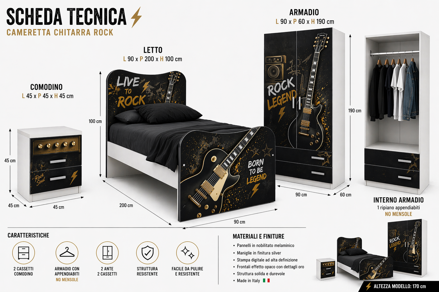 Rock Legend Room – Cameretta Completa Tema Chitarra per Ragazzi