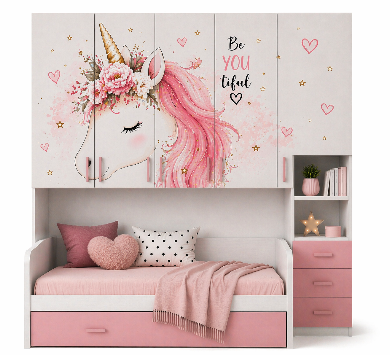Cameretta a Ponte Unicorno 294 cm Premium con Letto Estraibile – Sogni di Unicorno