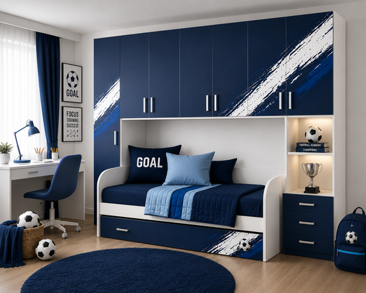 Cameretta a Ponte Calcio Goal Blue – Cameretta Calcio Moderna Blu Navy con Letto Estraibile e Grafica Sport Premium