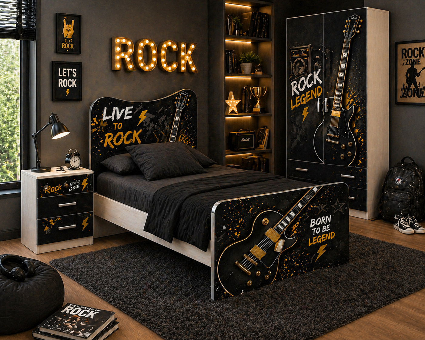 Rock Legend Guitar Bed – Letto Singolo Stile Rock Premium Nero Oro