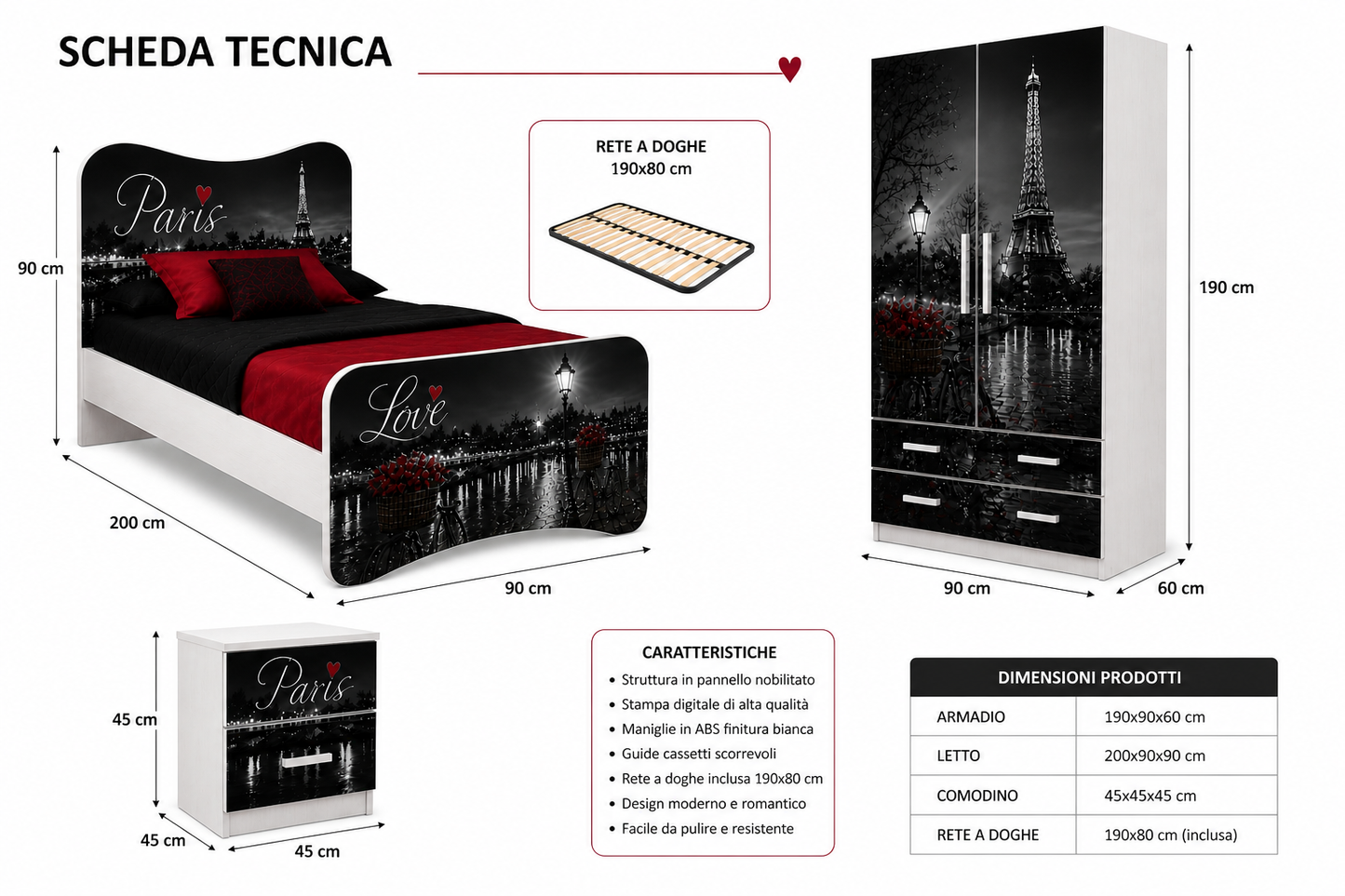 Cameretta Parigi Luxury Black & Red – Set Completo con Letto Singolo, Armadio 2 Ante e Comodino | Stile Parigi Elegante