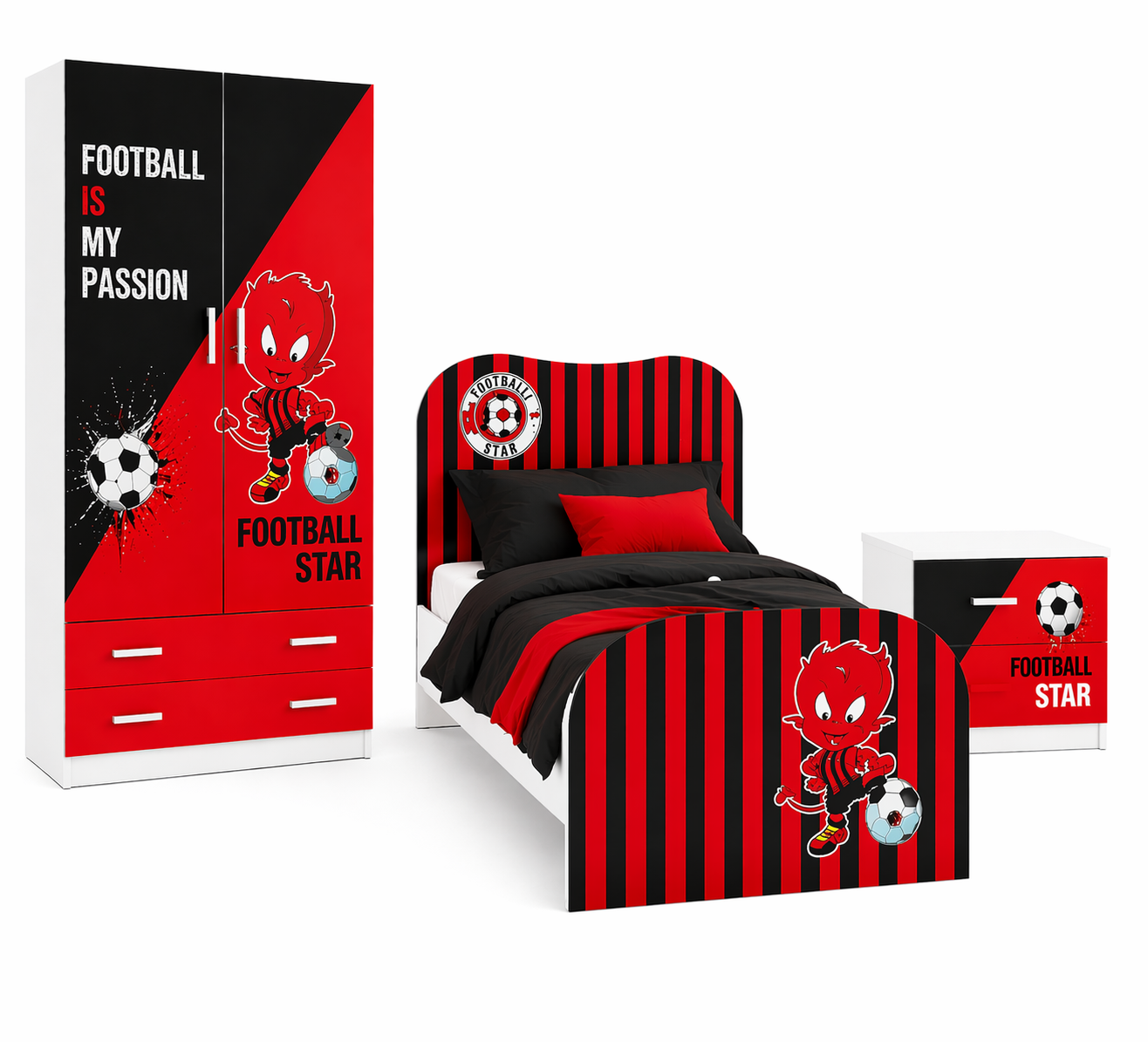 Football Star Milan Red Room – Cameretta Calcio Rosso Nero con Armadio, Letto e Comodino
