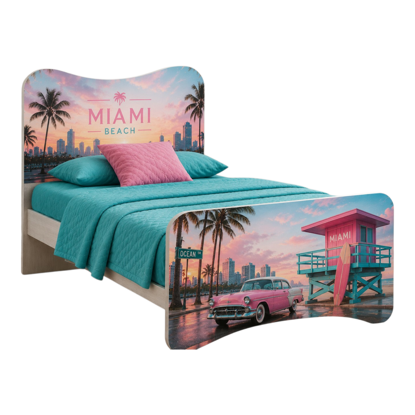 Letto Singolo Miami Beach – Letto Design Tropical Glam Rosa e Turchese Stile Ocean Drive