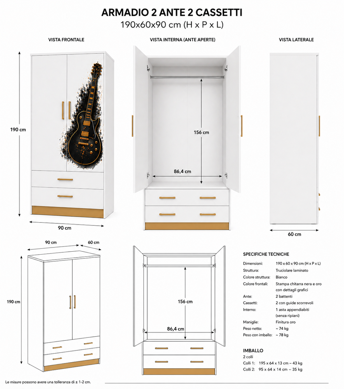 Rockstar Guitar Luxury Wardrobe – Armadio Rock 2 Ante 2 Cassetti Nero & Oro