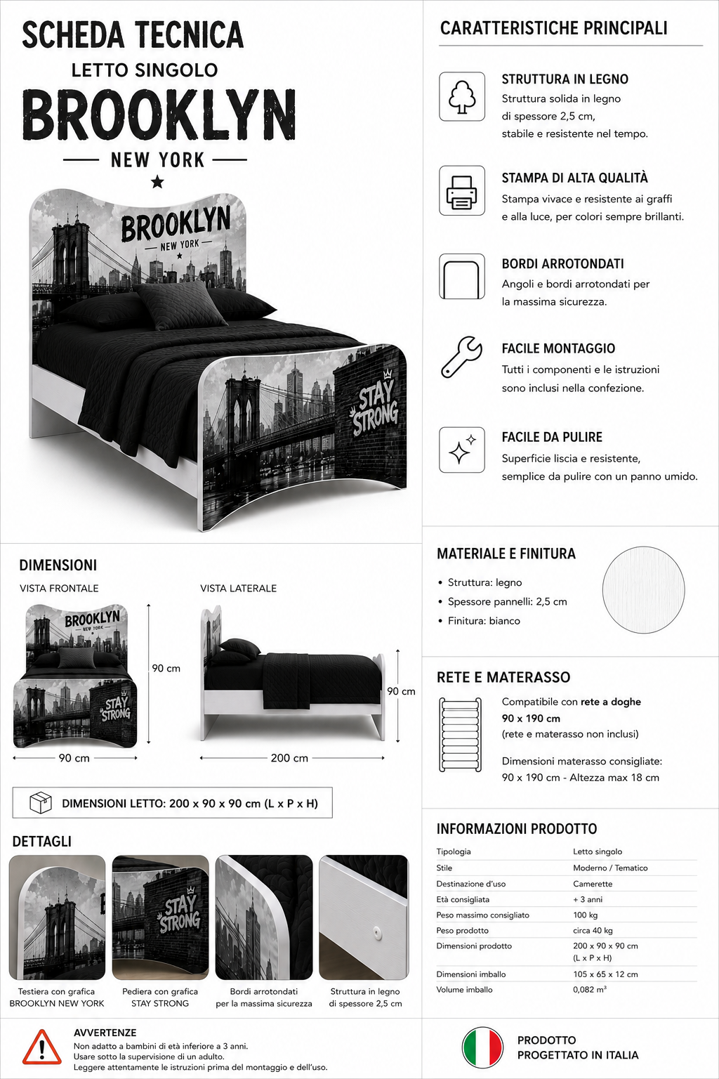 Letto Singolo Brooklyn New York – Letto Urban Style Nero Grigio Design Metropolitan