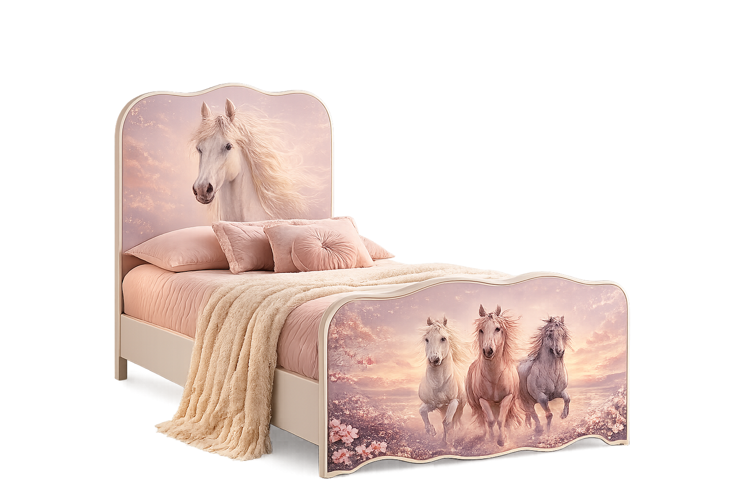 
Dettaglio letto bambina con grafica cavalli fantasy elegante nei toni rosa cipria e lilla perlato