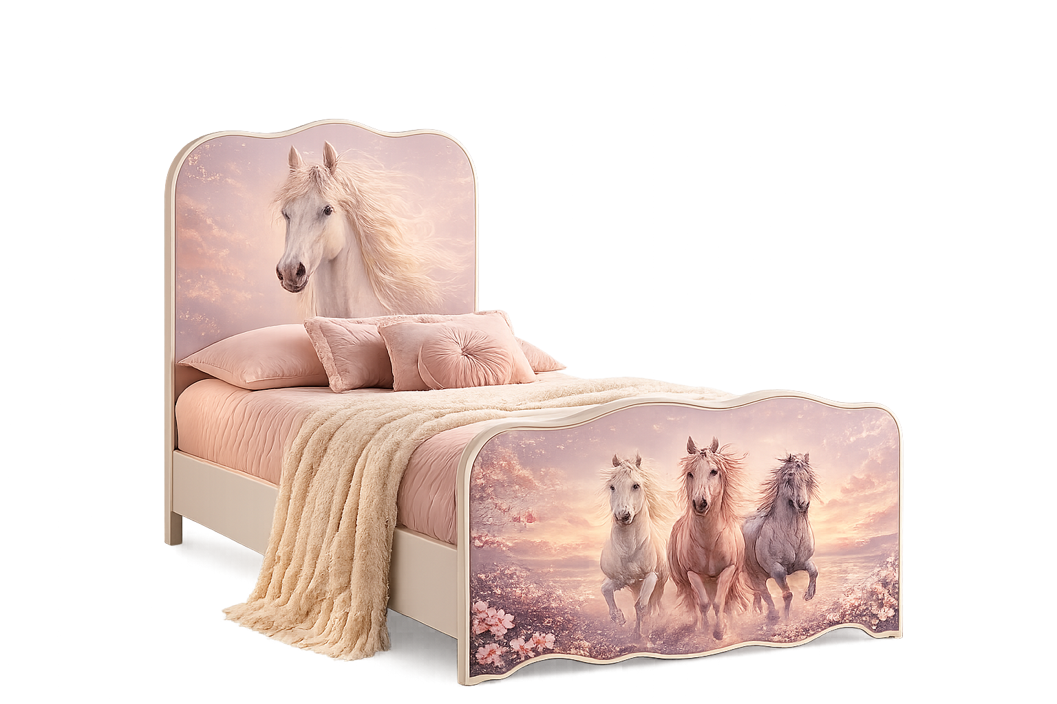 
Dettaglio letto bambina con grafica cavalli fantasy elegante nei toni rosa cipria e lilla perlato