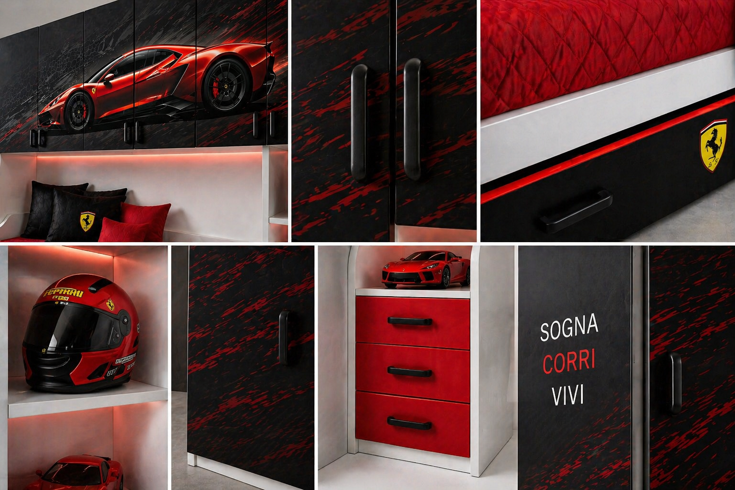🏎️ Nome prodotto:
Velocity Red Luxury Room – Cameretta Racing Premium