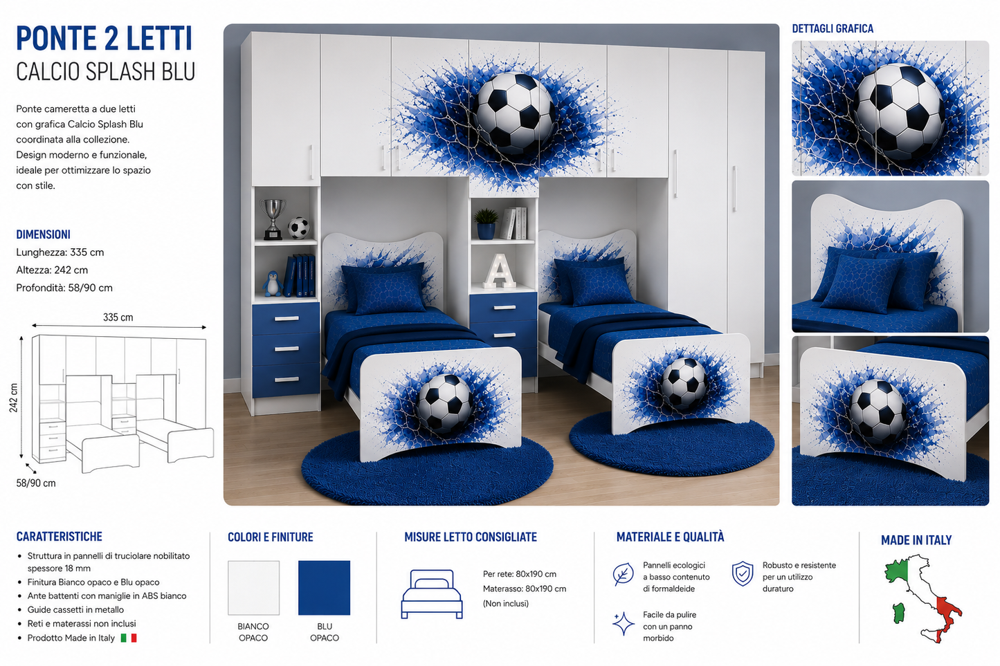 Cameretta a Ponte 2 Letti Calcio Splash – Varianti Blu, Gold e Grigio