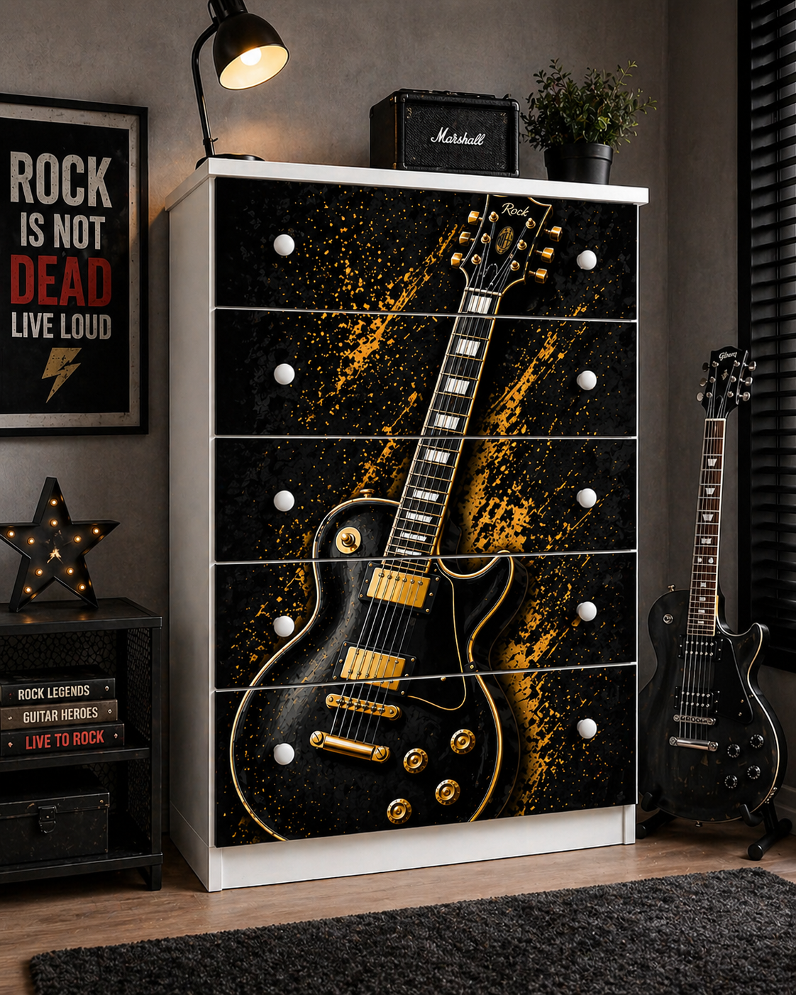 Rock Legend Room – Cassettiera 5 Cassetti Tema Chitarra Black & Gold per Cameretta Ragazzi