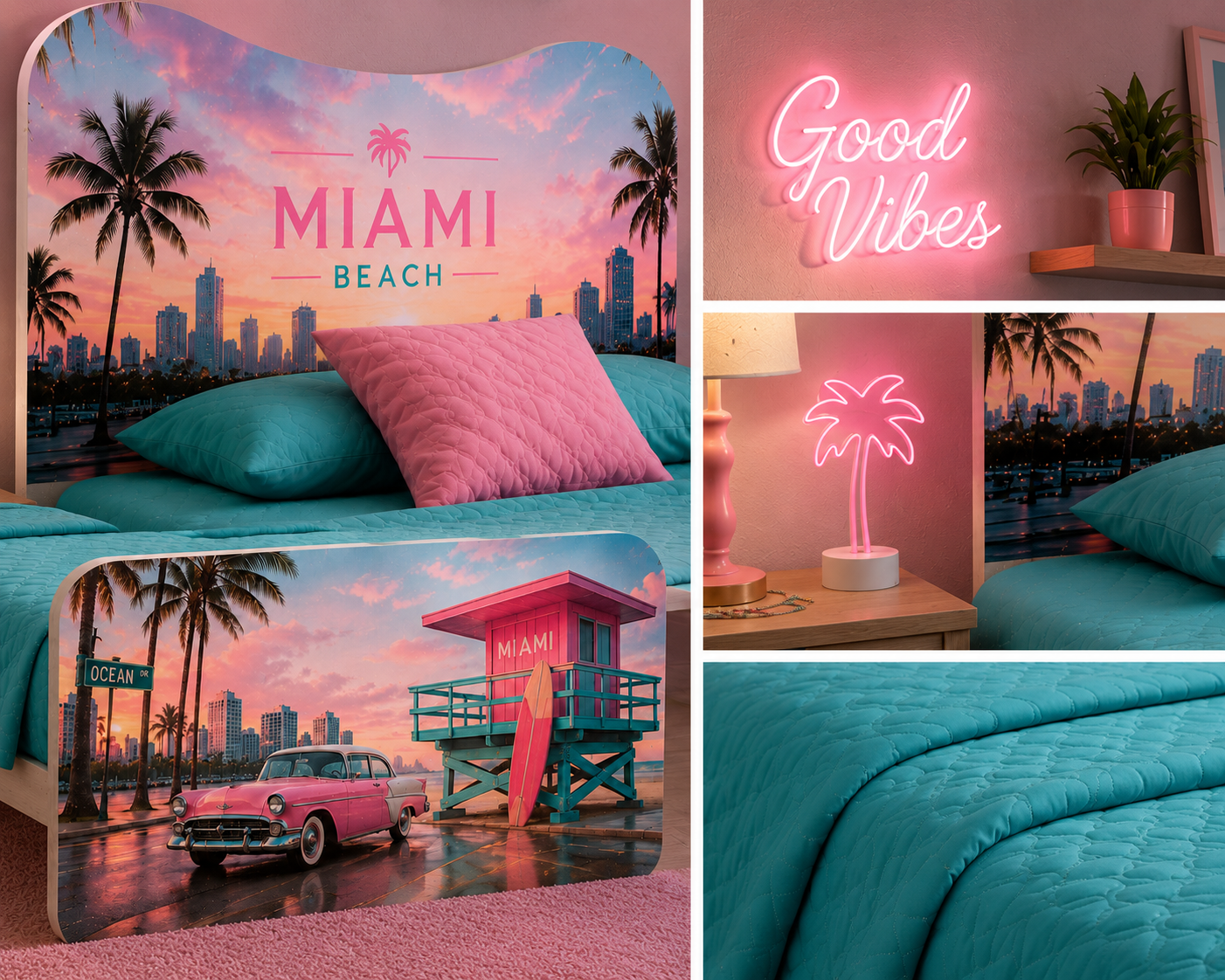 Letto Singolo Miami Beach – Letto Design Tropical Glam Rosa e Turchese Stile Ocean Drive
