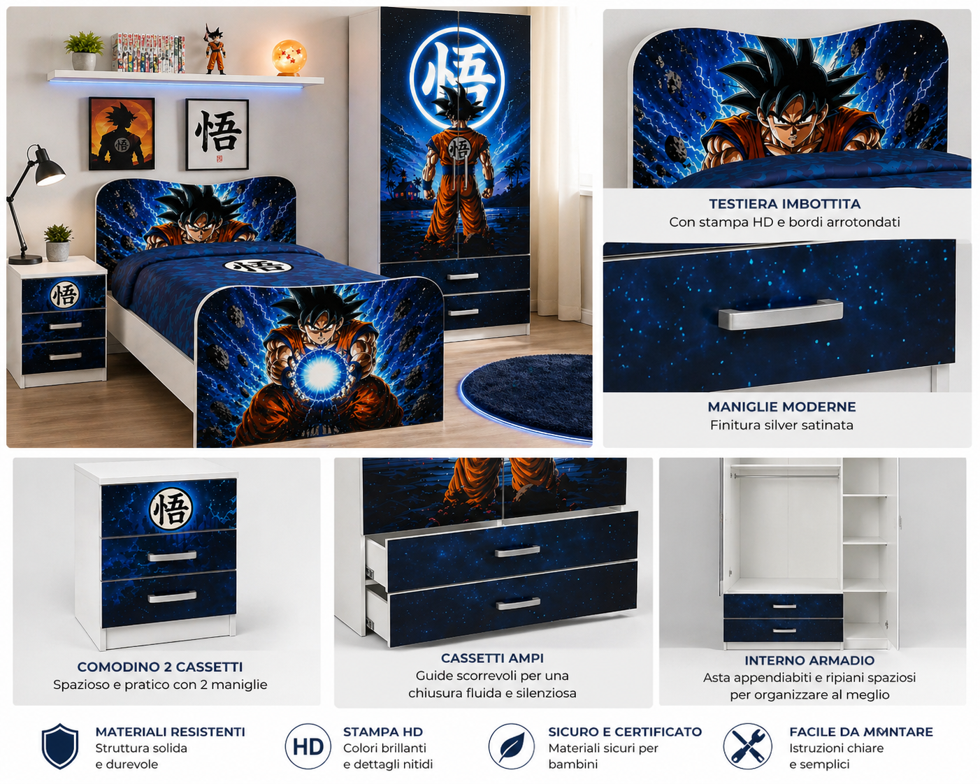 Cameretta Dragon Boll Energy Blue – Set Letto Singolo, Comodino e Armadio Stile Anime Battle