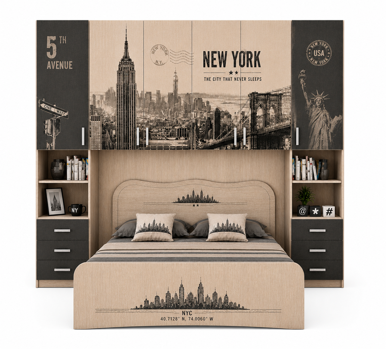 New York Urban Bridge – Armadio Ponte Matrimoniale 295 cm con Letto Moderno NYC in Olmo
