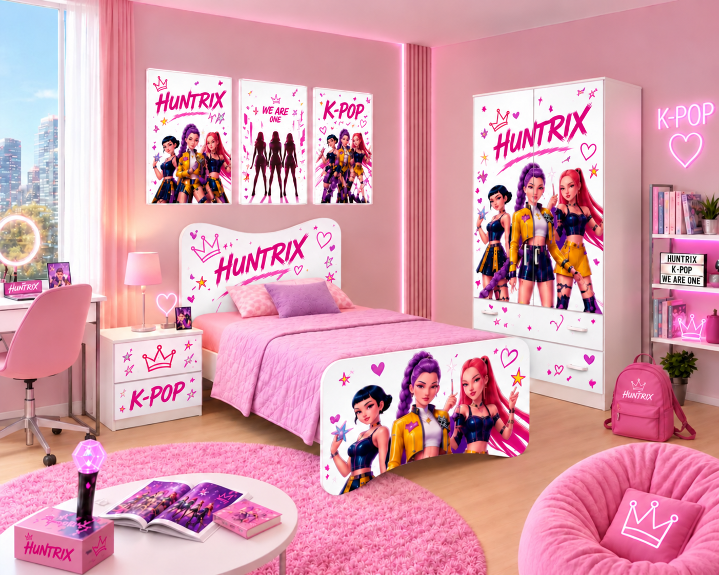 Cameretta Huntrix  K-Pop con Letto Singolo, Armadio 2 Ante e Comodino