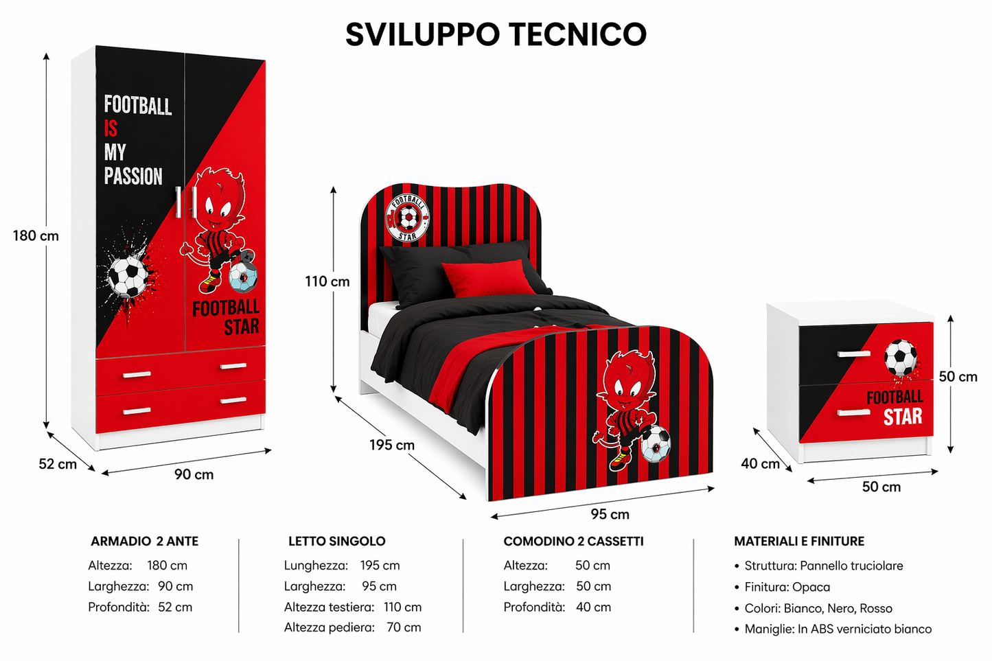 Football Star Milan Red Room – Cameretta Calcio Rosso Nero con Armadio, Letto e Comodino