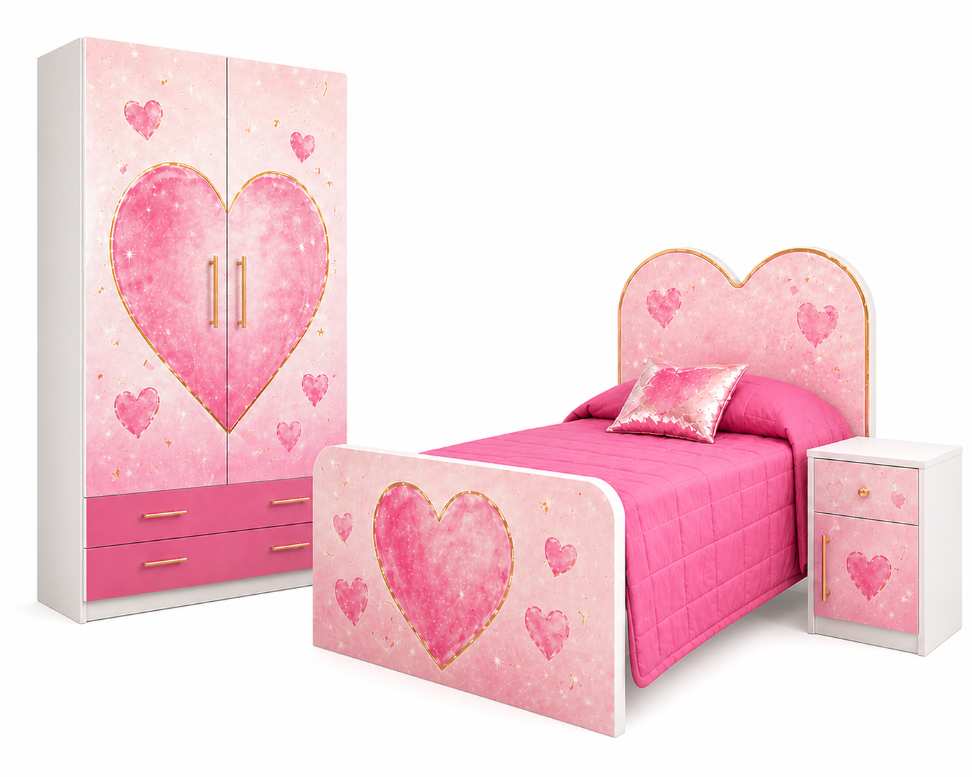 Cameretta Cuore – Cameretta Rosa Luxury con Armadio Cuore, Letto e Comodino