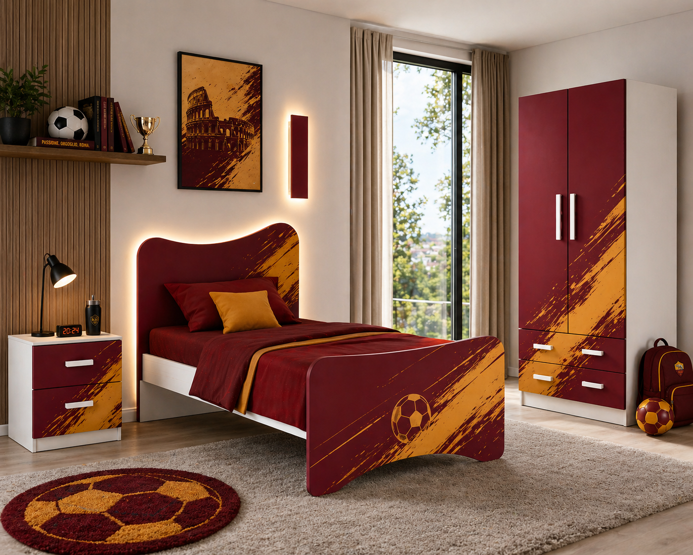 Roma Legacy Football Room – Cameretta Calcio Luxury Bordeaux Oro con Letto, Comodino e Armadio