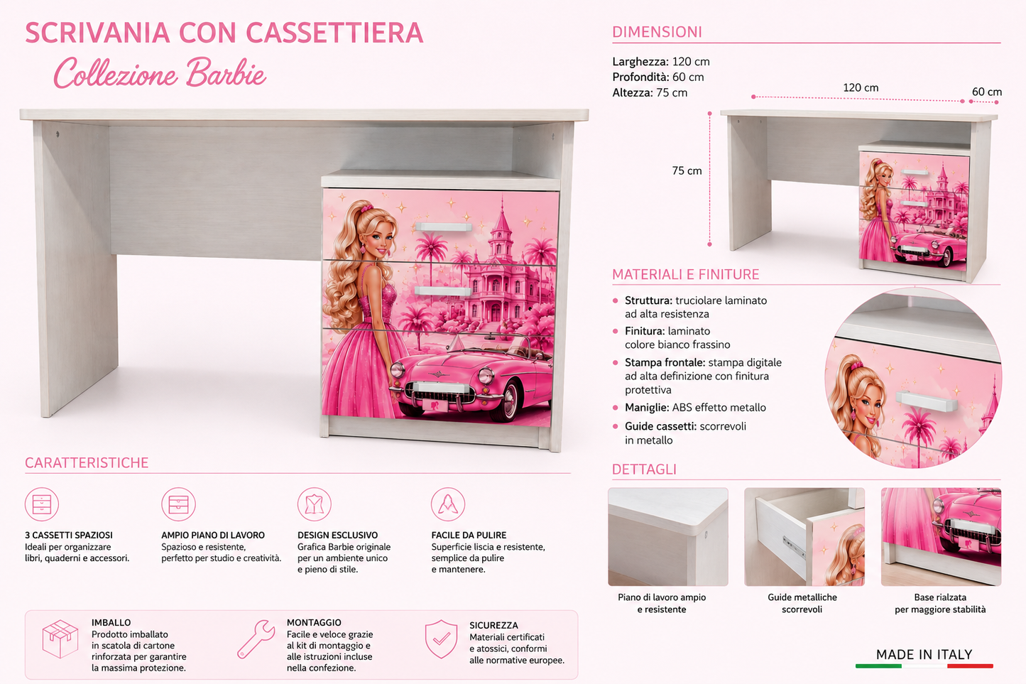 Scrivania Barbie Luxury Pink con Cassettiera Integrata – Design Elegante per Camerette da Sogno