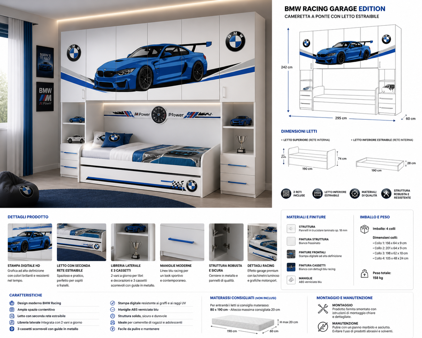 BMW Racing Garage Room – Cameretta a Ponte Racing Style con Letto Estraibile
