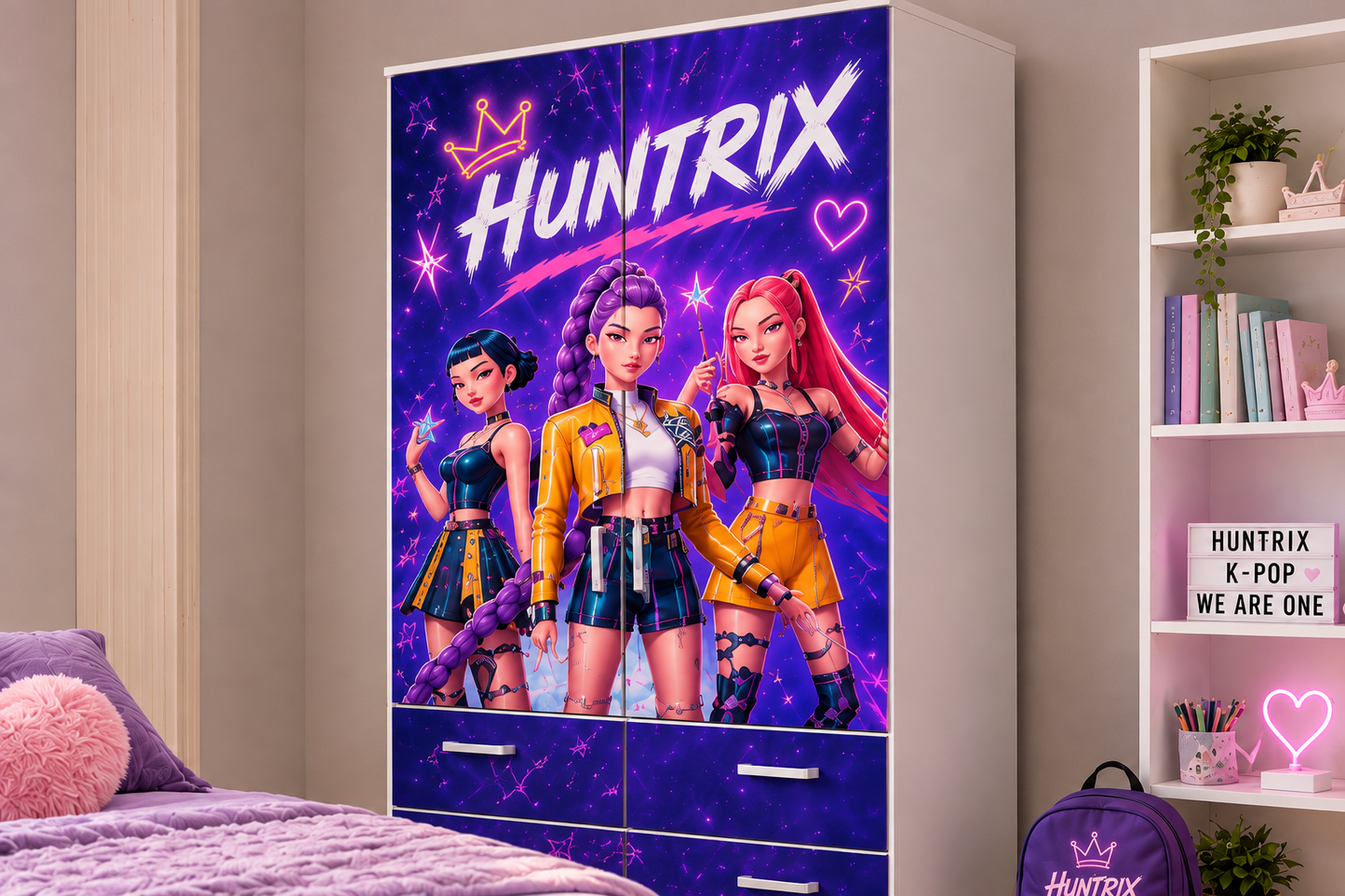 Camera Ragazza Huntrix K-Pop Galaxy – Set Letto, Comodino e Armadio 2 Ante Design Neon Premium
