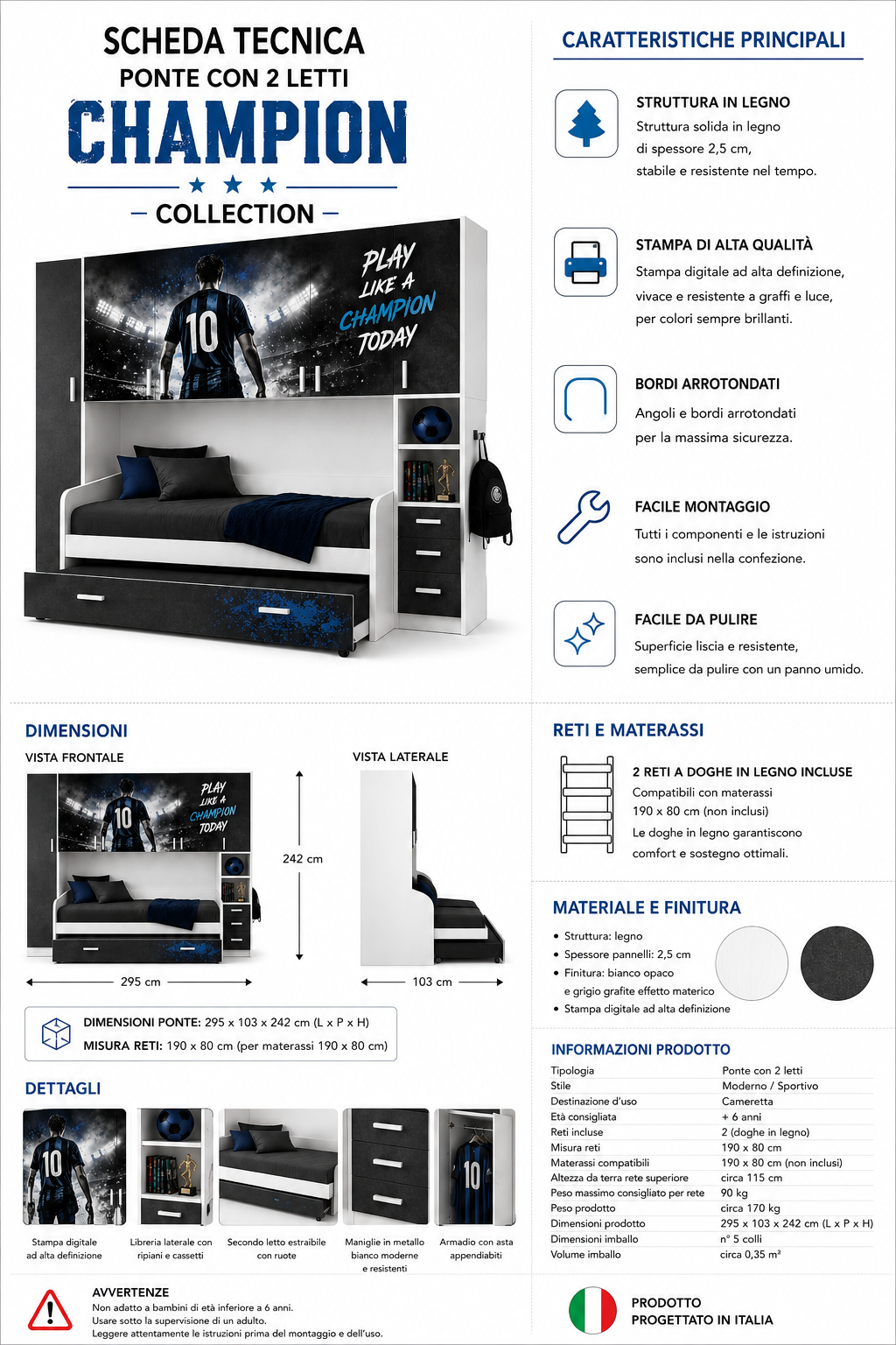 Cameretta a Ponte Champion Collection – Tema Calcio Blu/Nero con 2 Letti Estraibili e 2 Reti Incluse