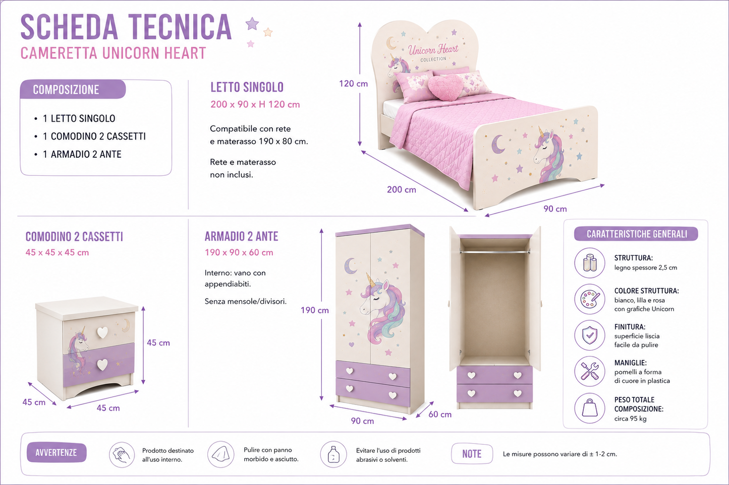 Cameretta Unicorn Heart – Letto Cuore con Armadio e Comodino Fantasy Rosa Lilla