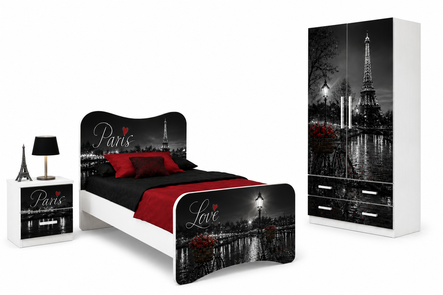 Cameretta Parigi Luxury Black & Red – Set Completo con Letto Singolo, Armadio 2 Ante e Comodino | Stile Parigi Elegante