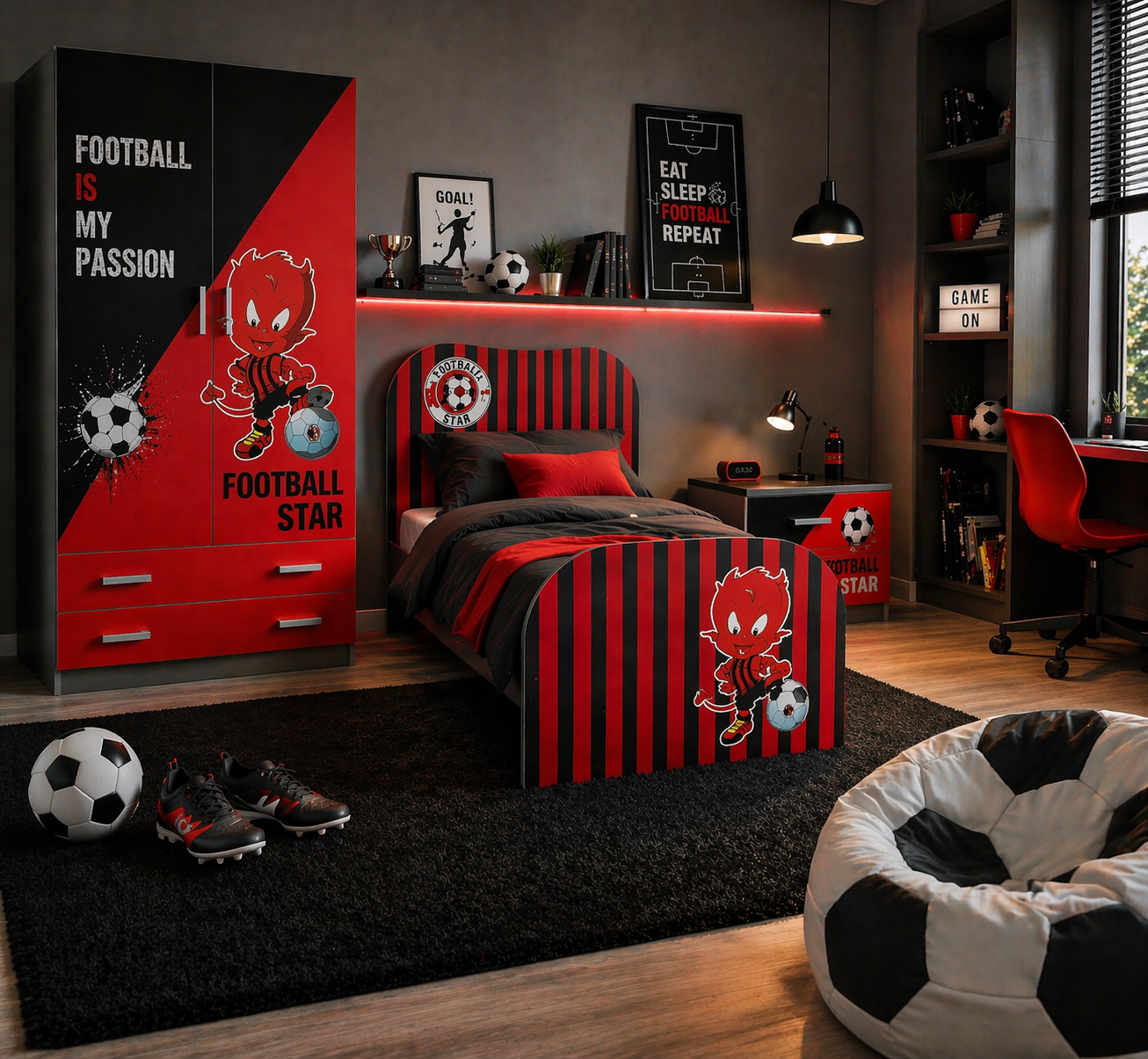 Football Star Milan Red Room – Cameretta Calcio Rosso Nero con Armadio, Letto e Comodino