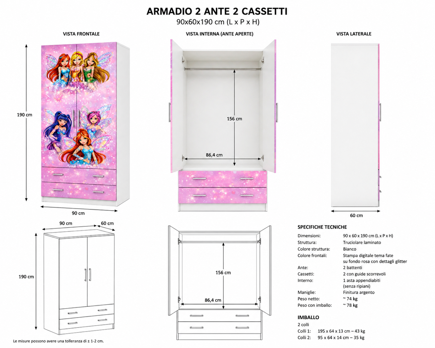 Fairy Dream Luxury Wardrobe – Armadio Fatine Rosa 2 Ante 2 Cassetti per Cameretta Bambina