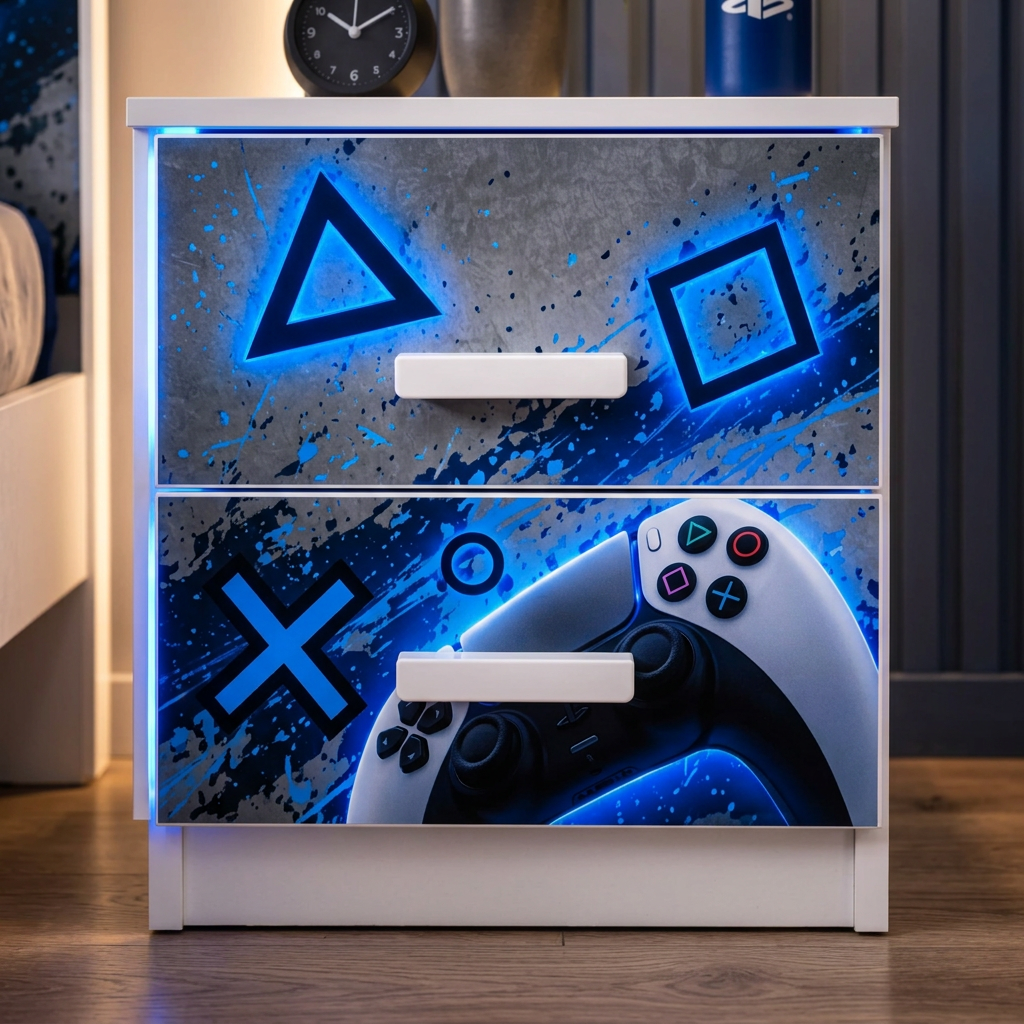Cameretta PlayStation Gaming – Armadio 2 Ante, Letto Singolo e Comodino | Grigio & Blu