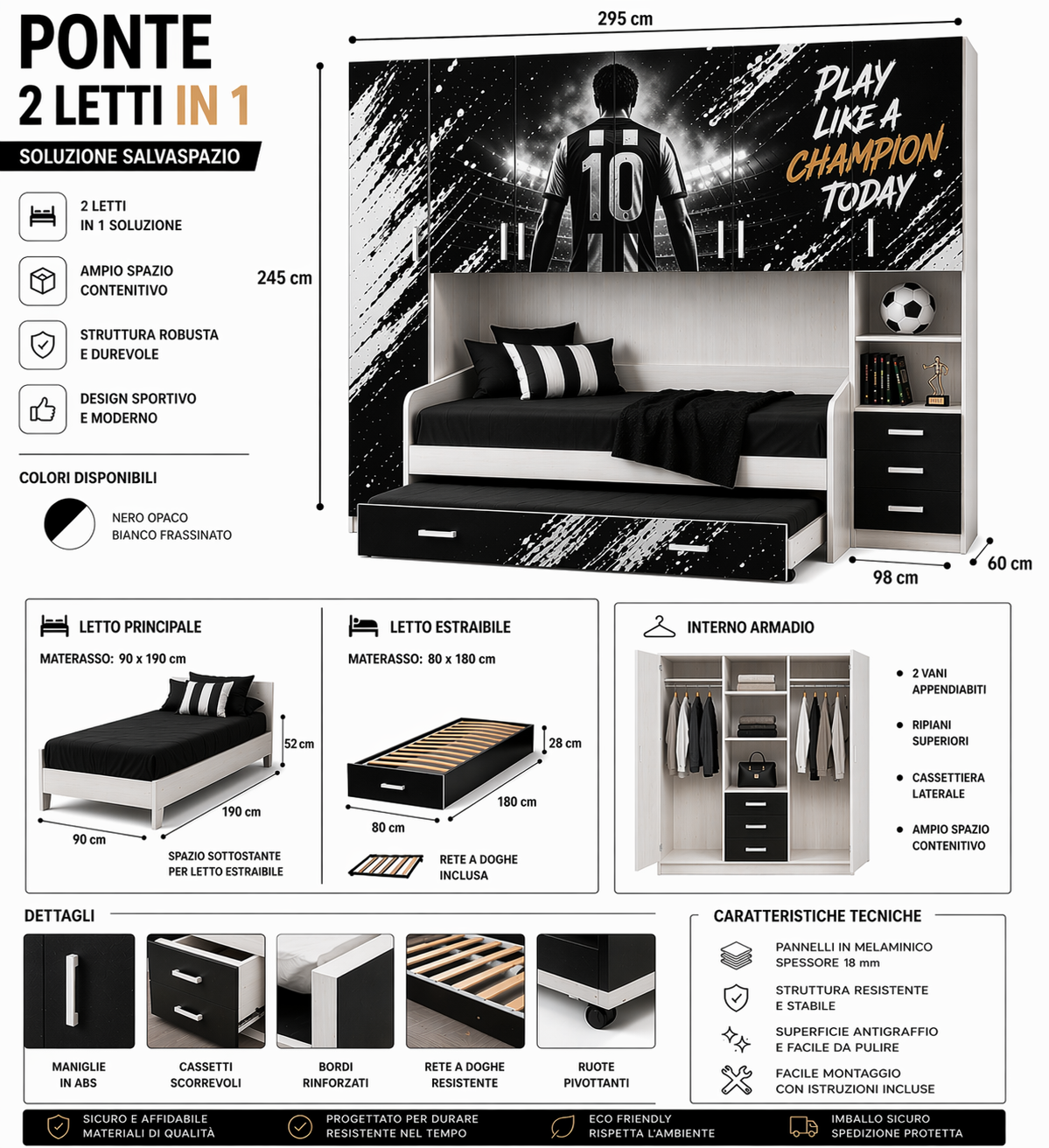 Cameretta a Ponte Urban Icon – Design BIANCONERO con 2 reti Letto