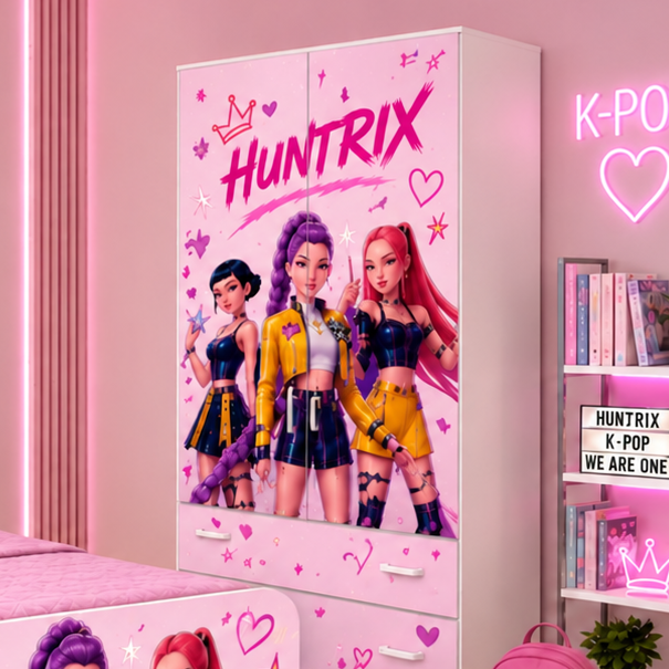 Cameretta Huntrix  K-Pop con Letto Singolo, Armadio 2 Ante e Comodino