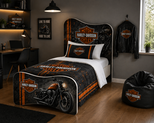 Letto singolo ispirato alle moticiclette custum harley davidson colore nero opaco con dettagli cromati