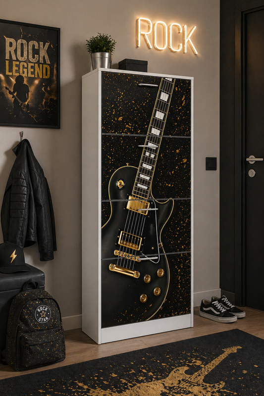 Rock Legend Room – Scarpiera Tema Chitarra Black & Gold Salvaspazio per Cameretta Ragazzi