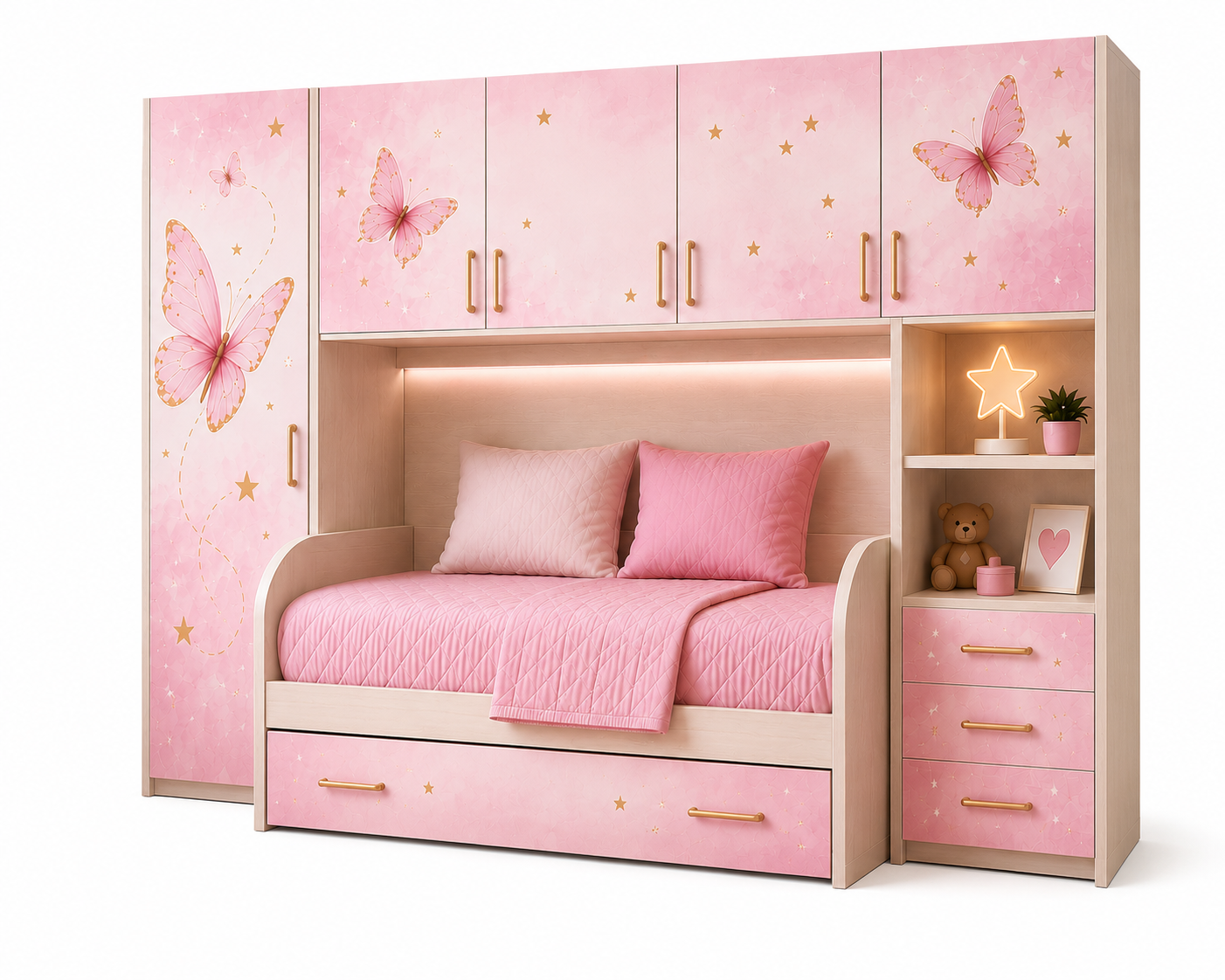 Cameretta a Ponte Dream Farfalla Bianca e Rosa con 2 Letti e Grafica Farfalle Luxury – 295x242 cm
