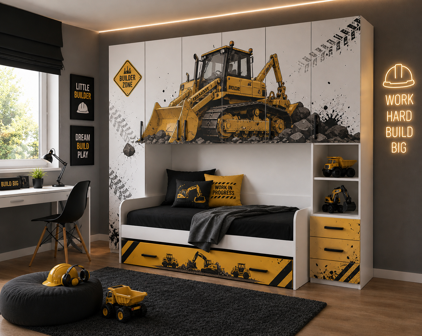 Construction Builder Room – Cameretta a Ponte con Letto Estraibile Tema Ruspe & Cantiere Premium