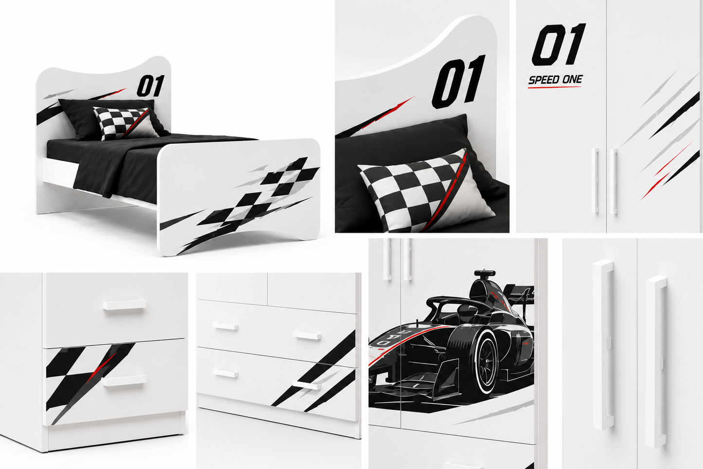 Cameretta Formula Racing 01 – Set Camera Bambino con Armadio, Letto e Comodino Design Formula 1 Moderno