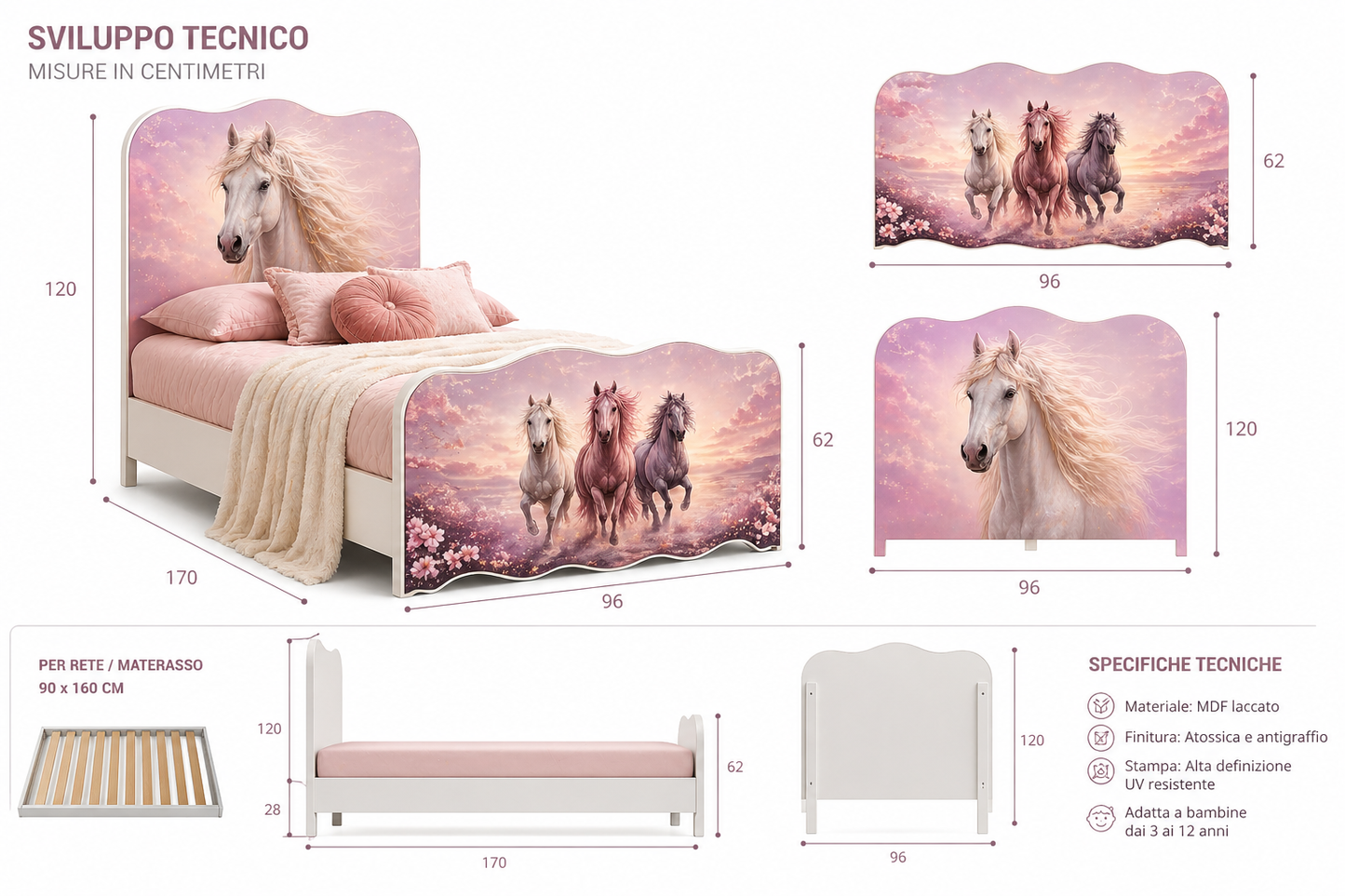 
Letto singolo 200x90 per bambina con decorazione cavalli artistici e stile glamour per cameretta luxury
