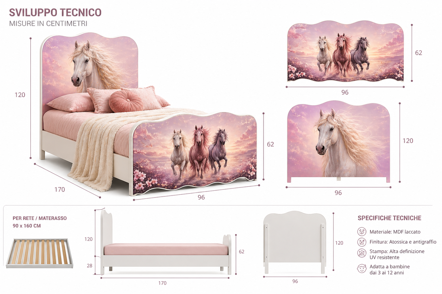 
Letto singolo 200x90 per bambina con decorazione cavalli artistici e stile glamour per cameretta luxury
