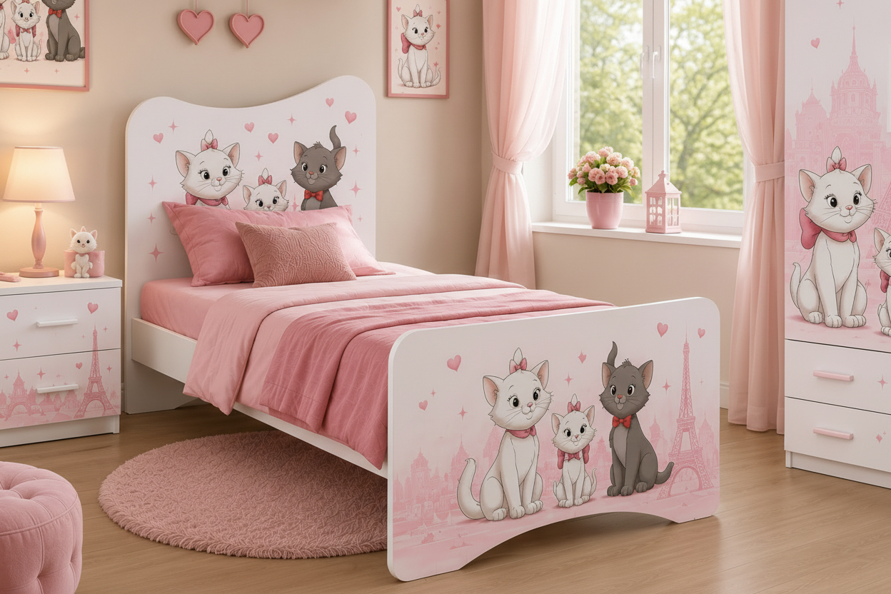 Cameretta Bambina Aristogatti Rosa – Armadio, Letto Singolo e Comodino