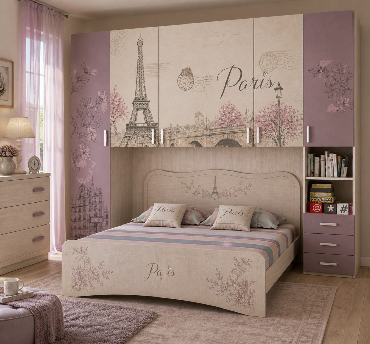 Camera Matrimoniale Parigi Romantica a Ponte – Design Elegante Olmo Grigio con Armadio Ponte Decorato