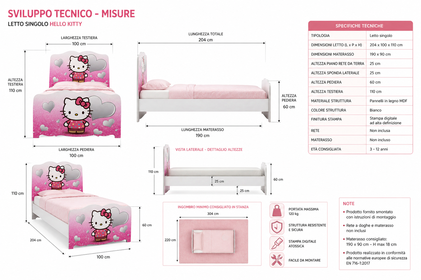 Letto Singolo Sweet Kitty Dream – Letto Bambina Rosa Glamour 200x90