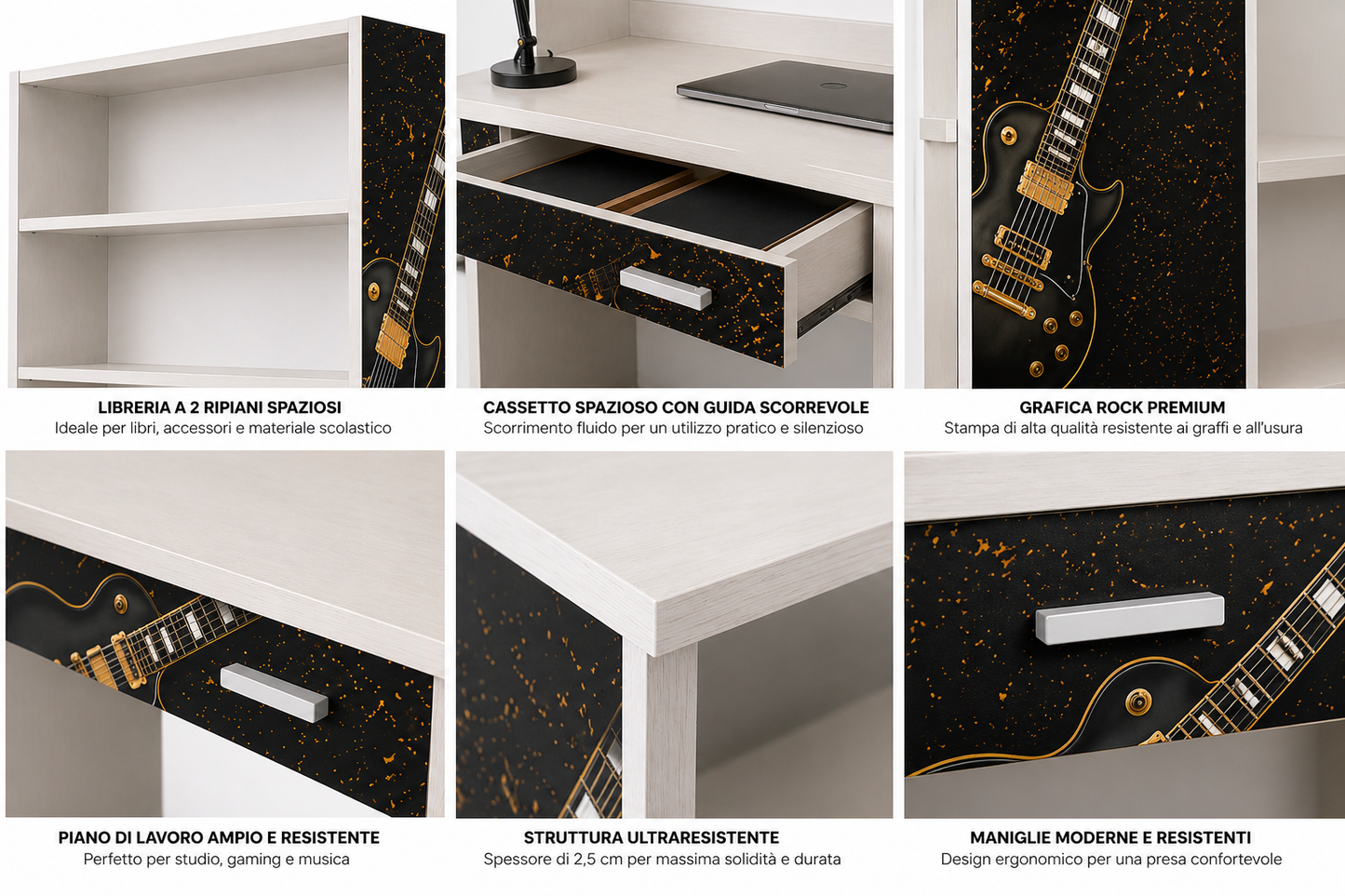 Rock Legend Room – Scrivania con Libreria Tema Chitarra Black & Gold per Cameretta Ragazzi